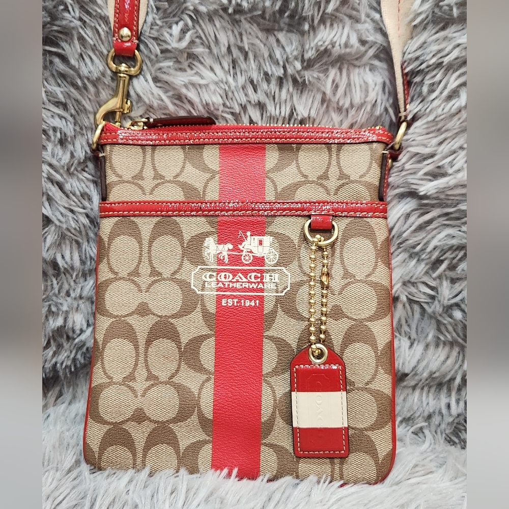 Coach Red and Tan Signature 2007 Crossbody Bag with Hang Tag & Mickey Charm